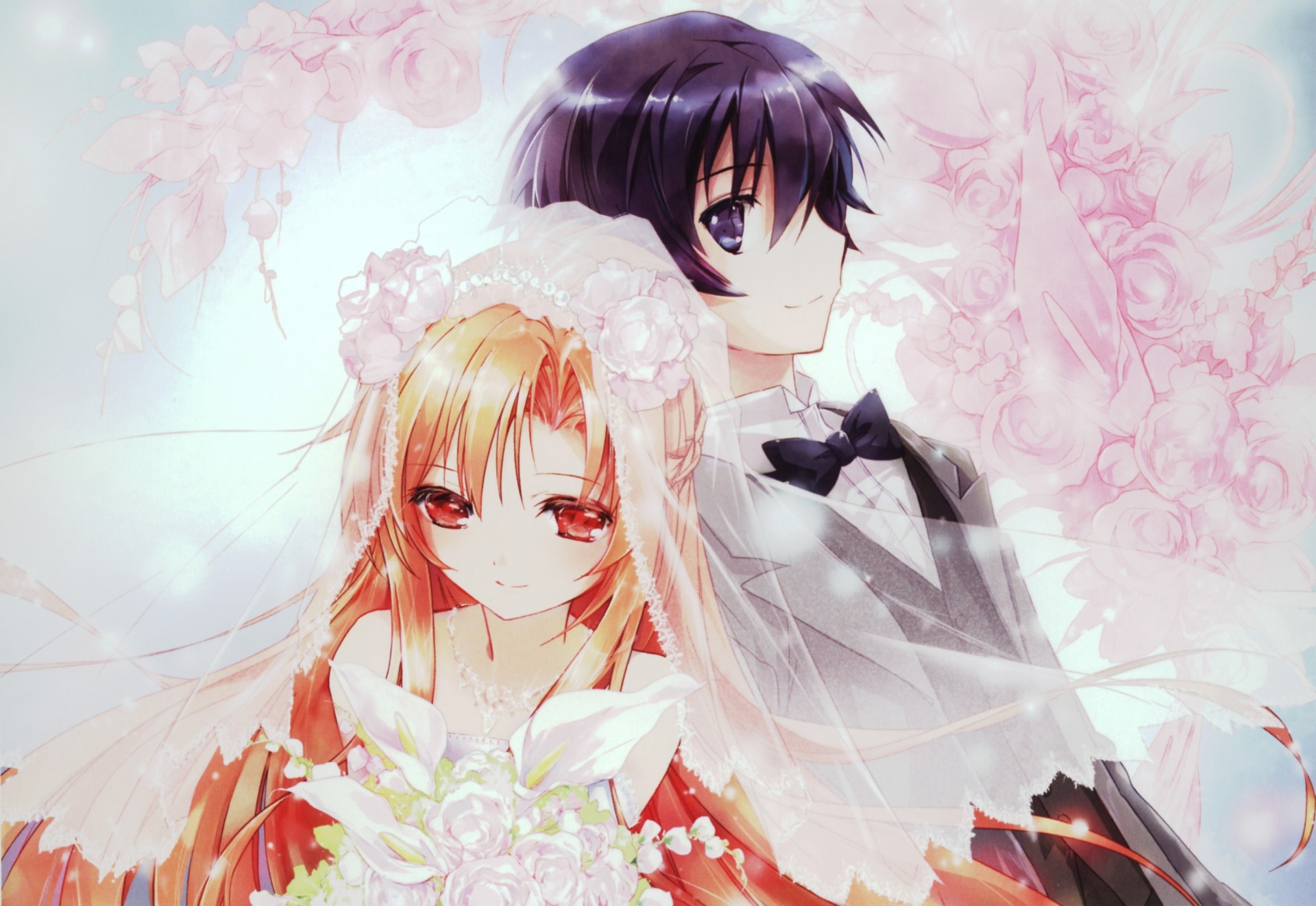 yeux bruns cheveux longs yeux rouges kirigaya kazuto yuki asuna robe de mariée cheveux bruns