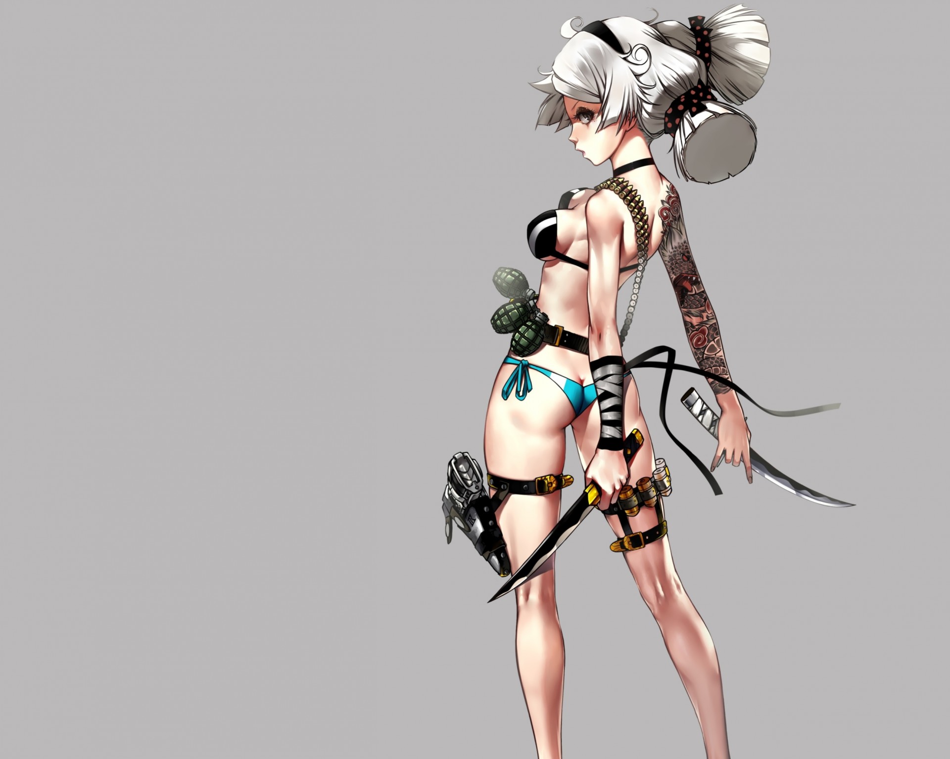 flying fortress tattoos bikini swimsuit weapon grey knife