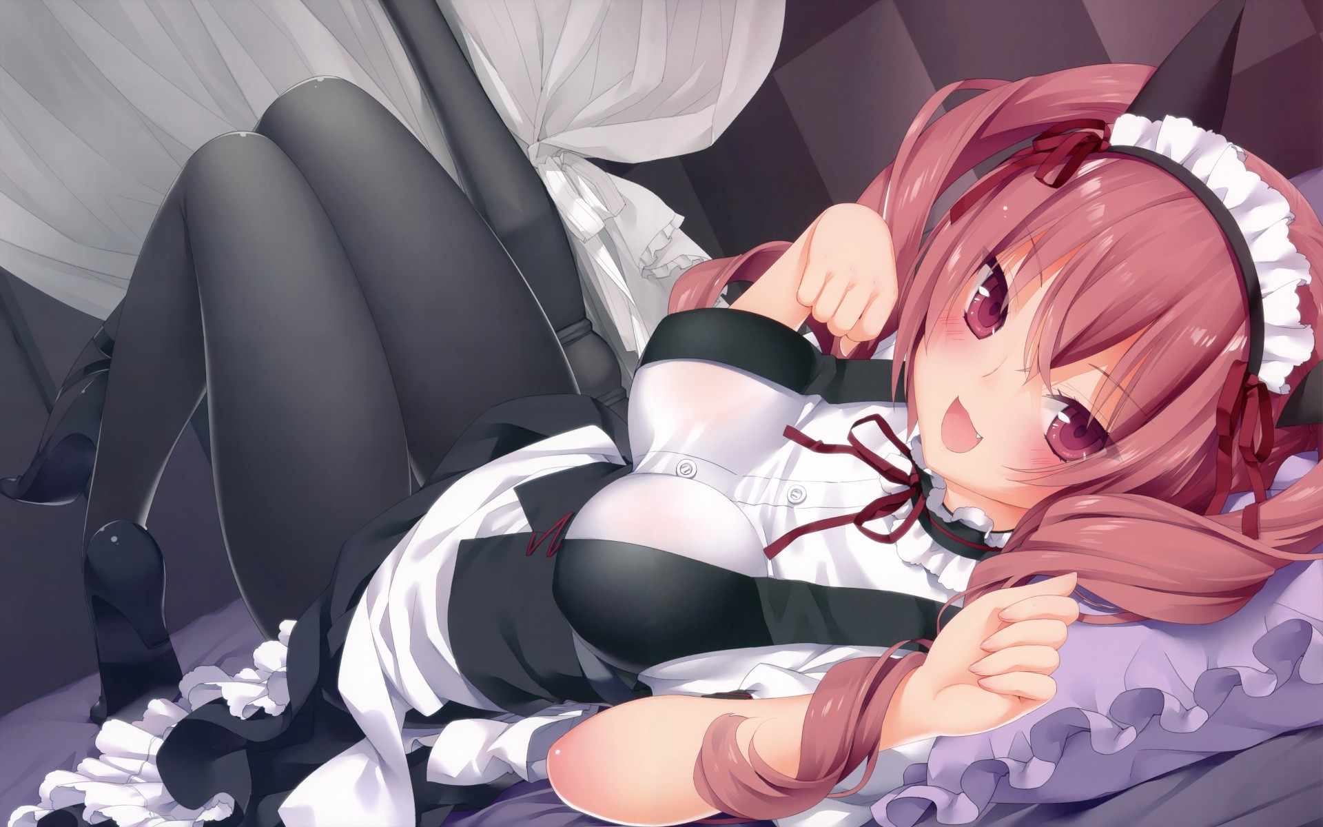 pink hair tapes long hair bed maid tights twintails headwear pink eyes animal ear