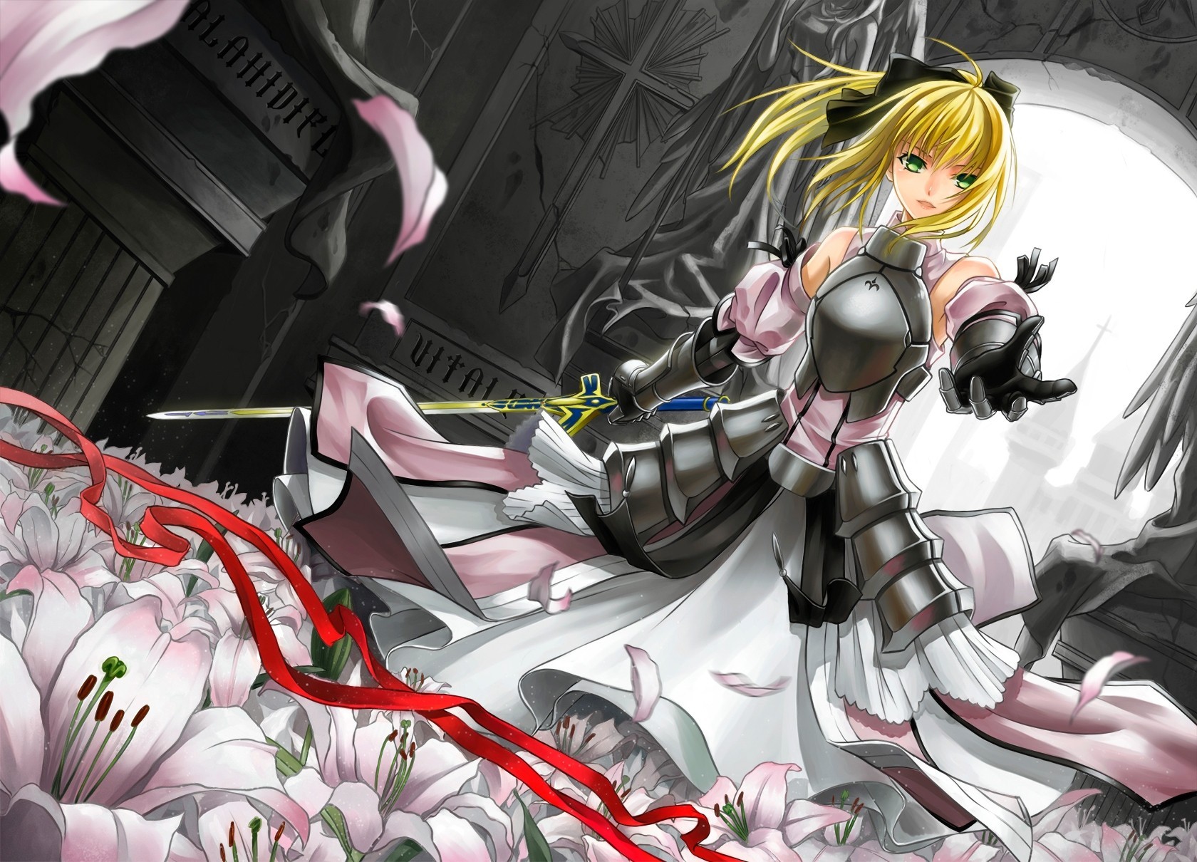 blonde hair armor flowers weapons sword saber