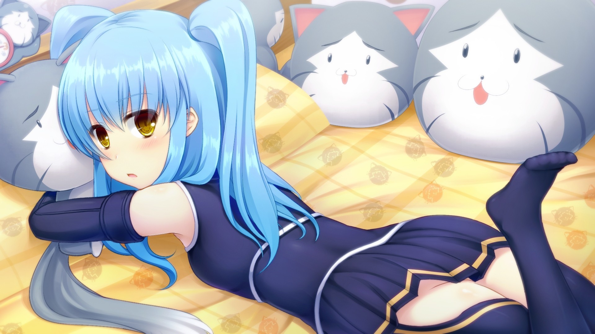 twintails rubor cama pelo largo oso de peluche thighhighs pelo azul