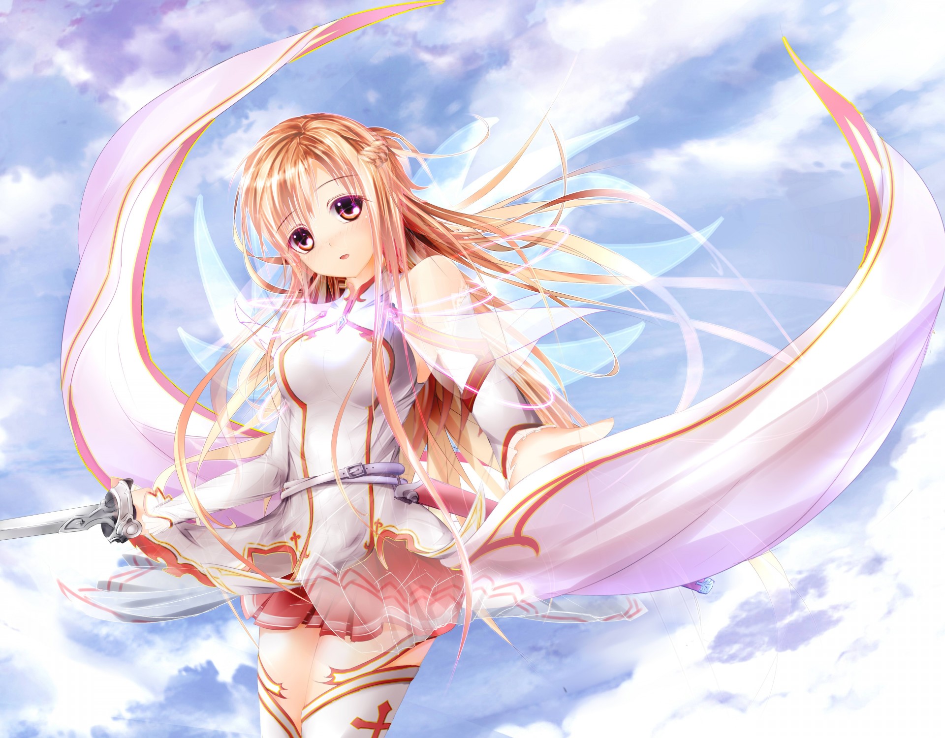 cielo rubor nubes armas pelo largo yuki asuna espada thighhighs pelo marrón