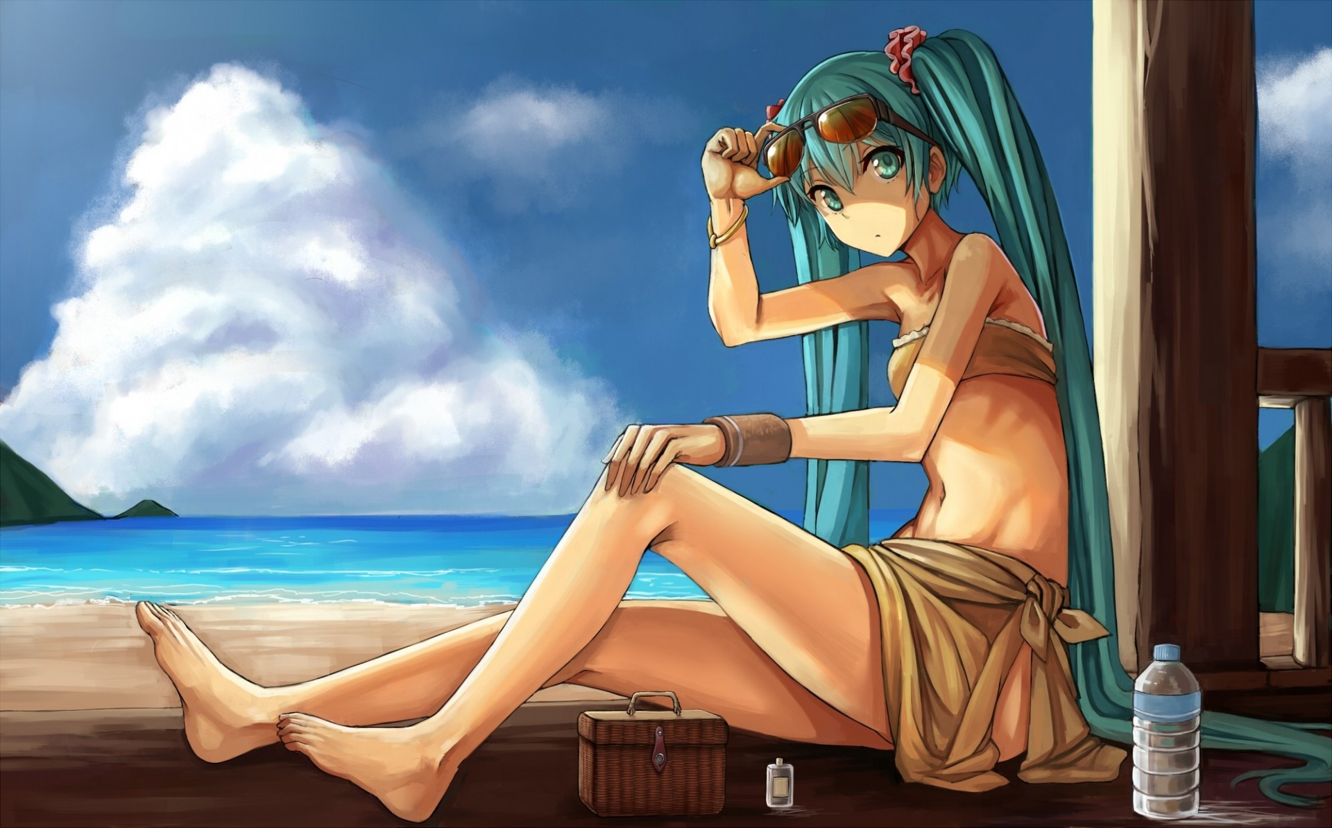 spiaggia twintails hatsune miku capelli lunghi occhiali da sole