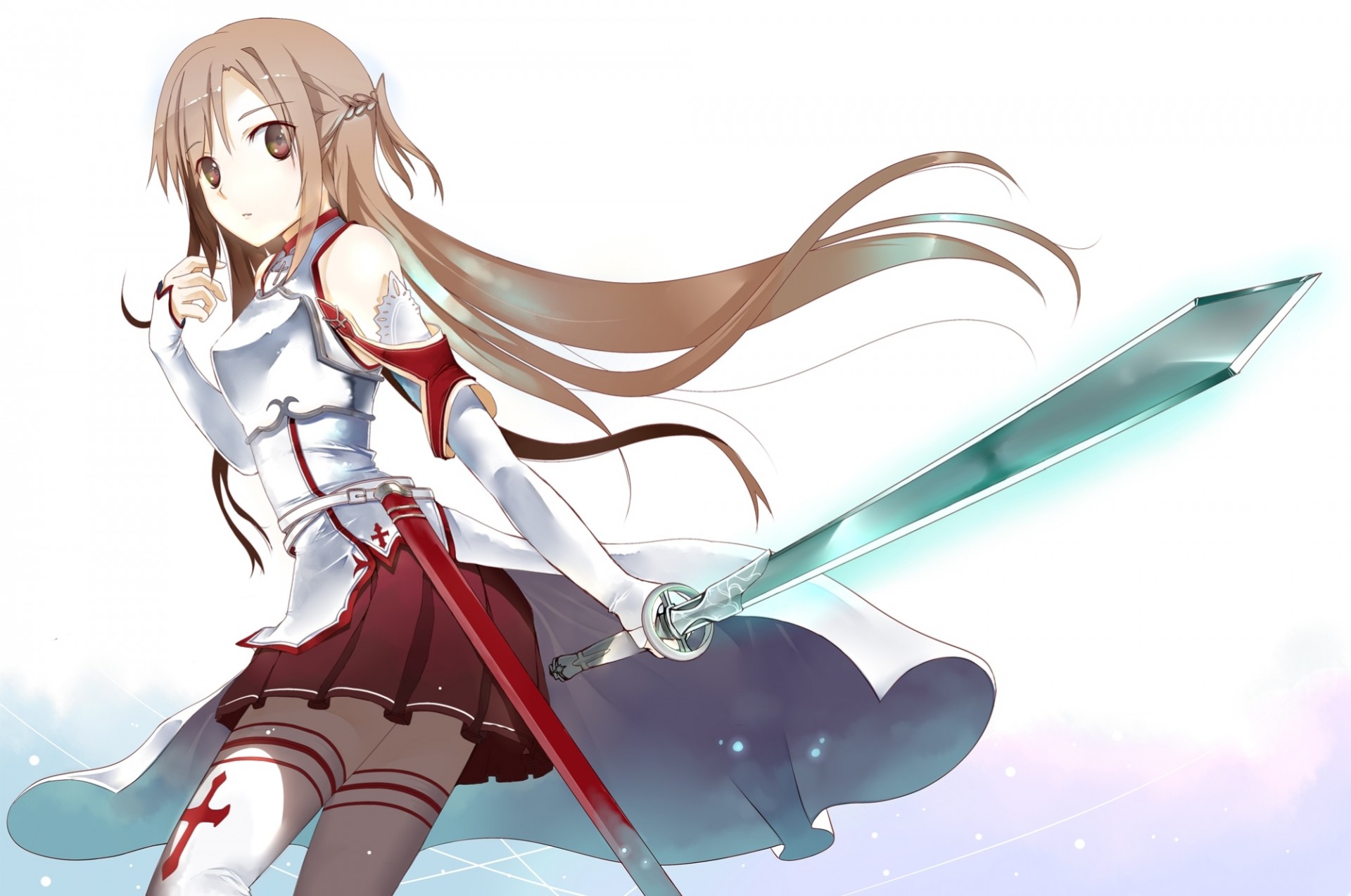 ojos marrones zettai ryouiki armadura falda armas pelo largo yuki asuna espada thighhighs pelo marrón