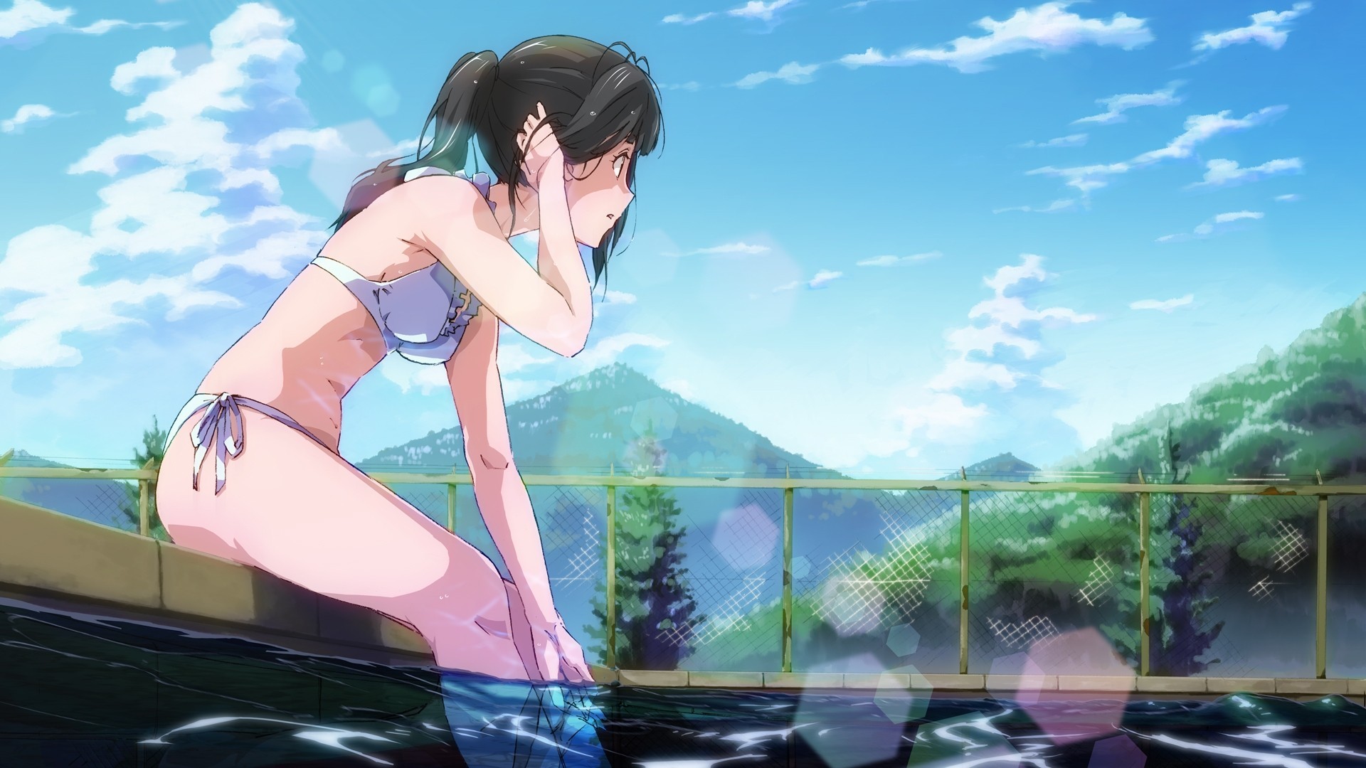 wet short hair black hair bikini swimsuit pool tail