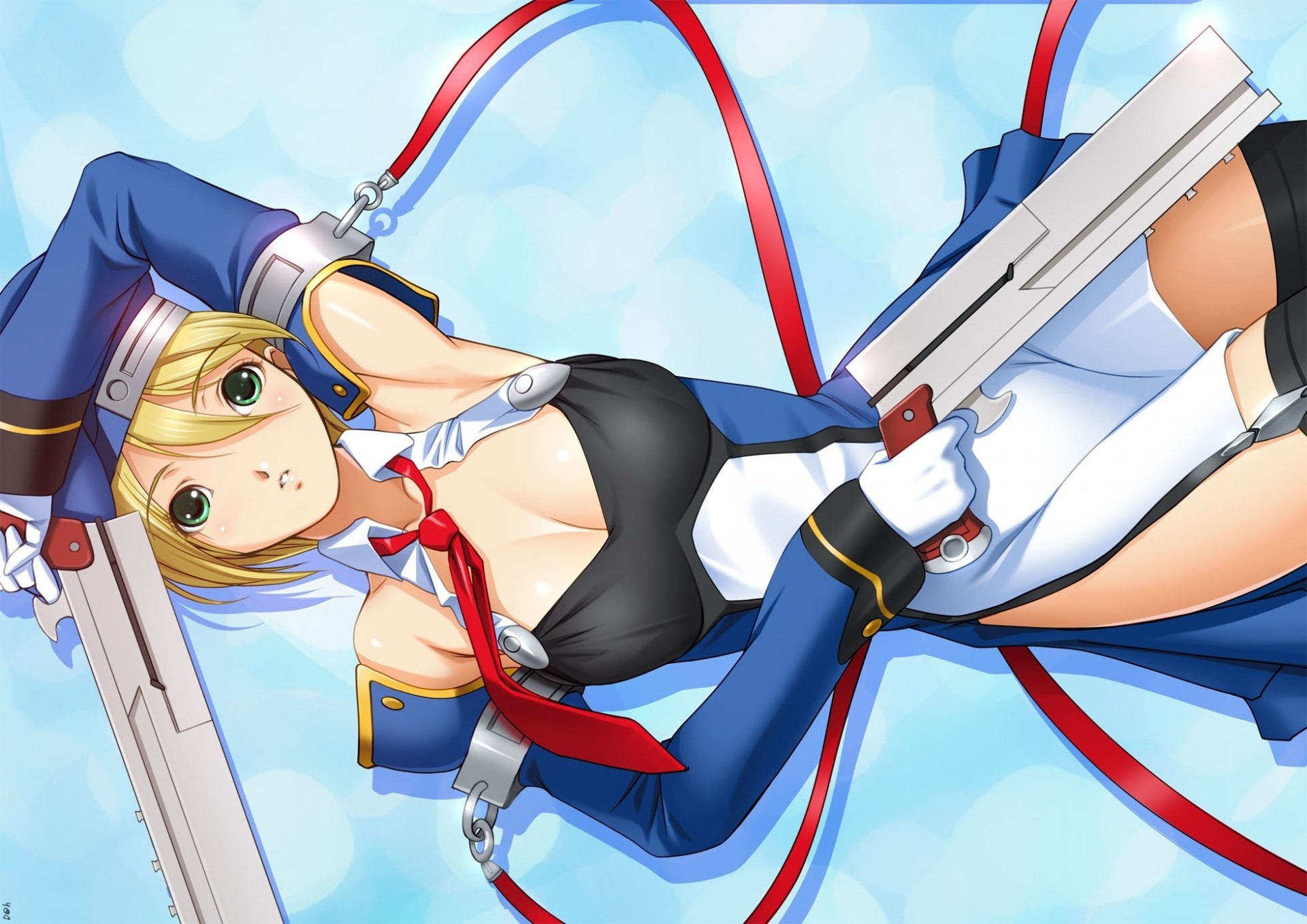 flying fortress short hair hat blonde hair gloves weapon bind green eyes thighhigh