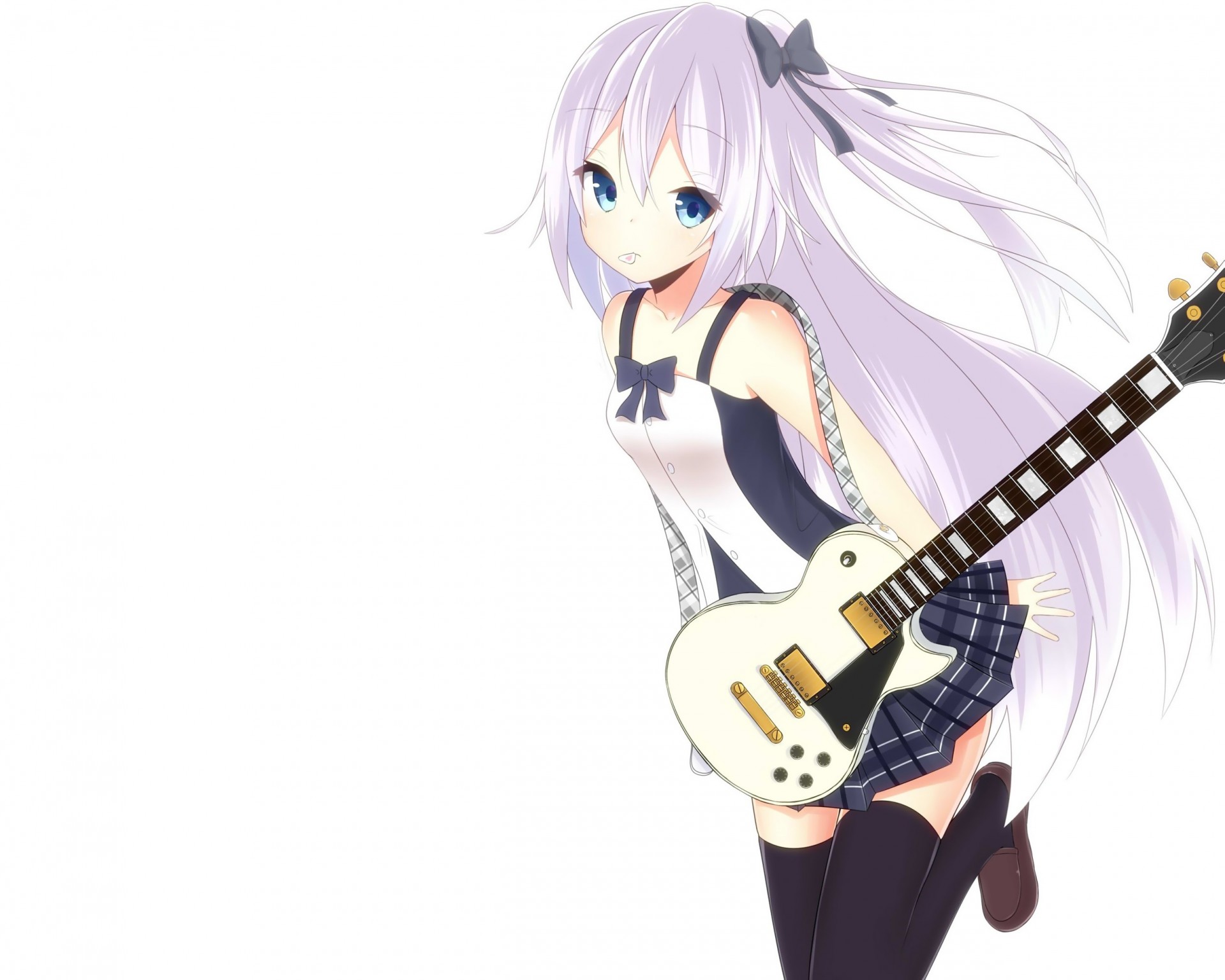 instrument długie włosy biały thighhighs gitara