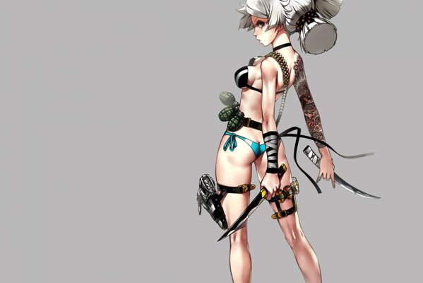 Heroine of flying fortress in a bikini