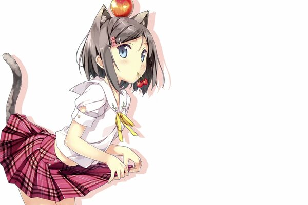 Blue-eyed cat girl with an apple on her head