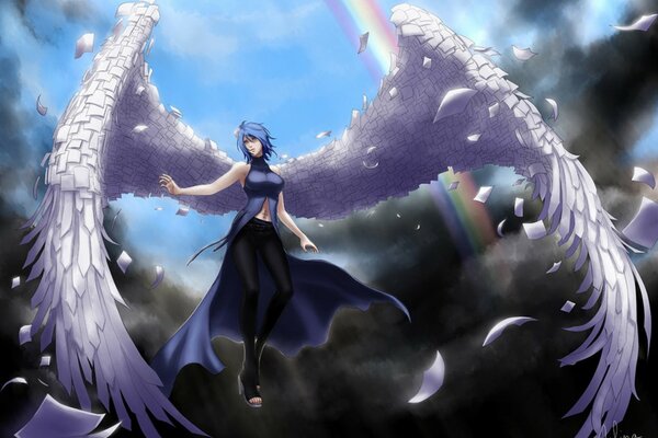 A girl with wings on a background of sky and rainbow in anime style