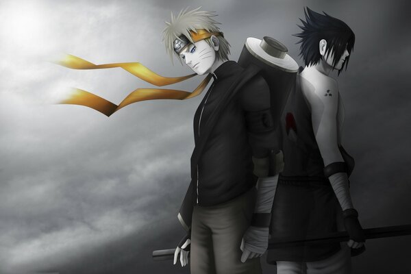 Anime. Naruto and Sasuke are looking in different directions