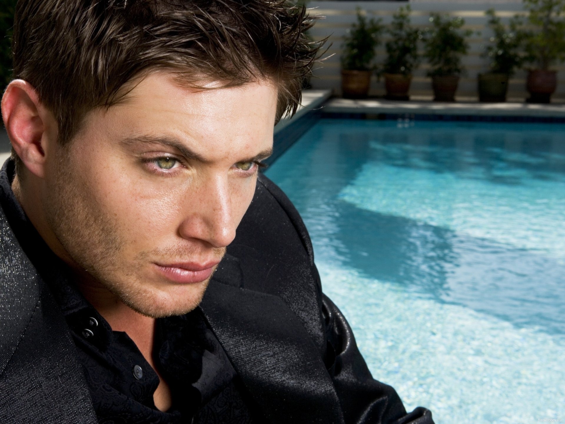 a pool of water handsome green eyes portrait look actor unshaven eyes face