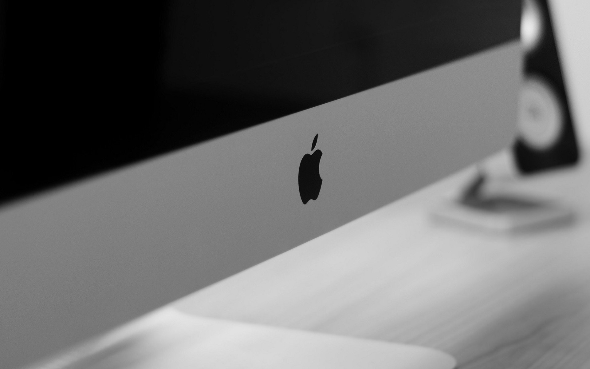 apple imac close up b/w computer logo