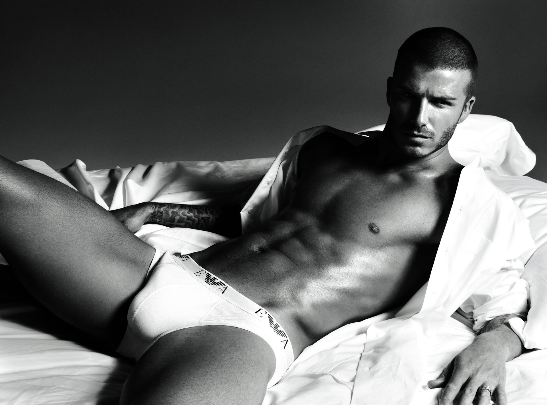 david beckham bare chested white shirt handsome macho sexy torso muscles briefs unshaven erotic black and white