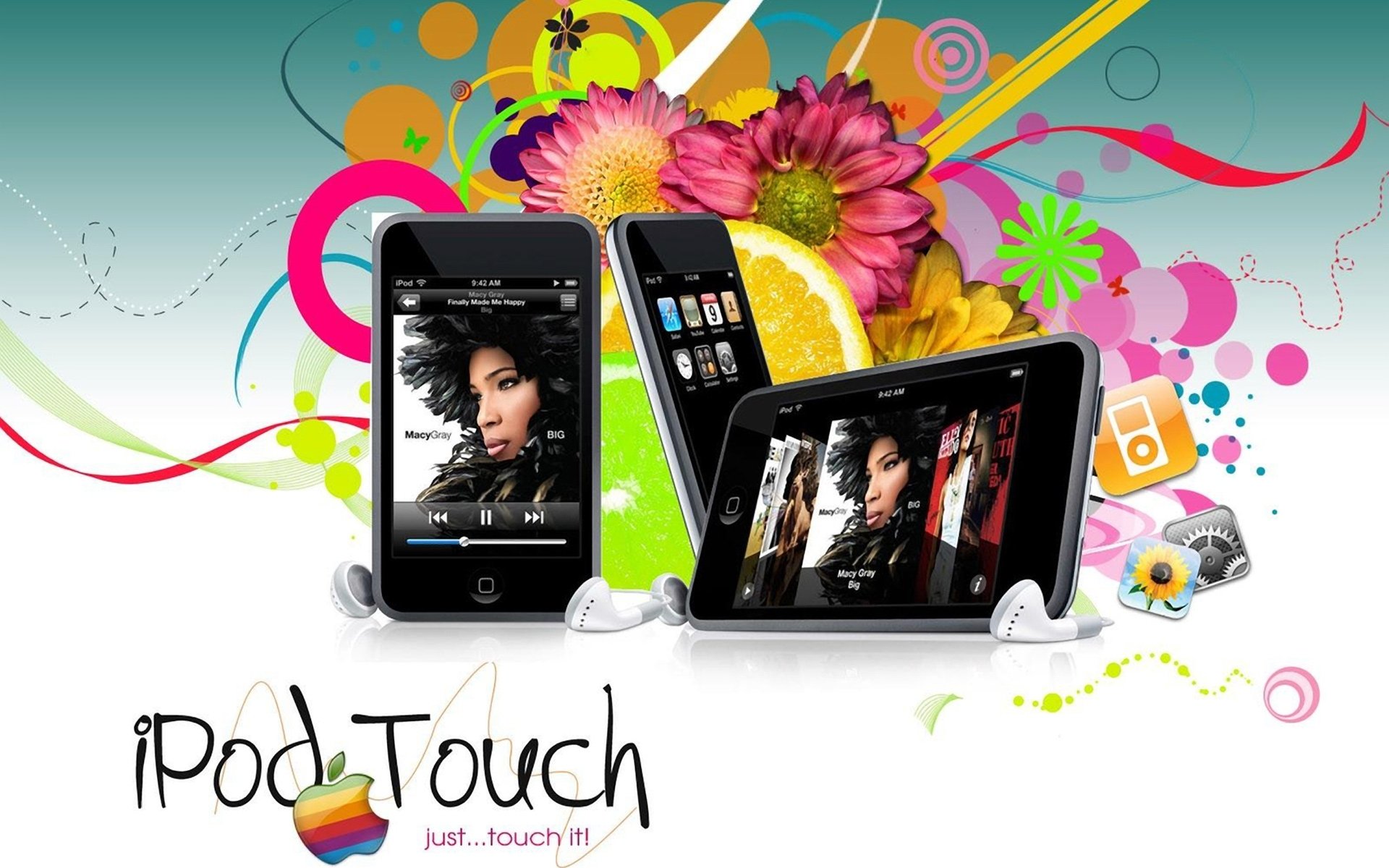 hi-tech apple mobile ipod touch headphones flower art