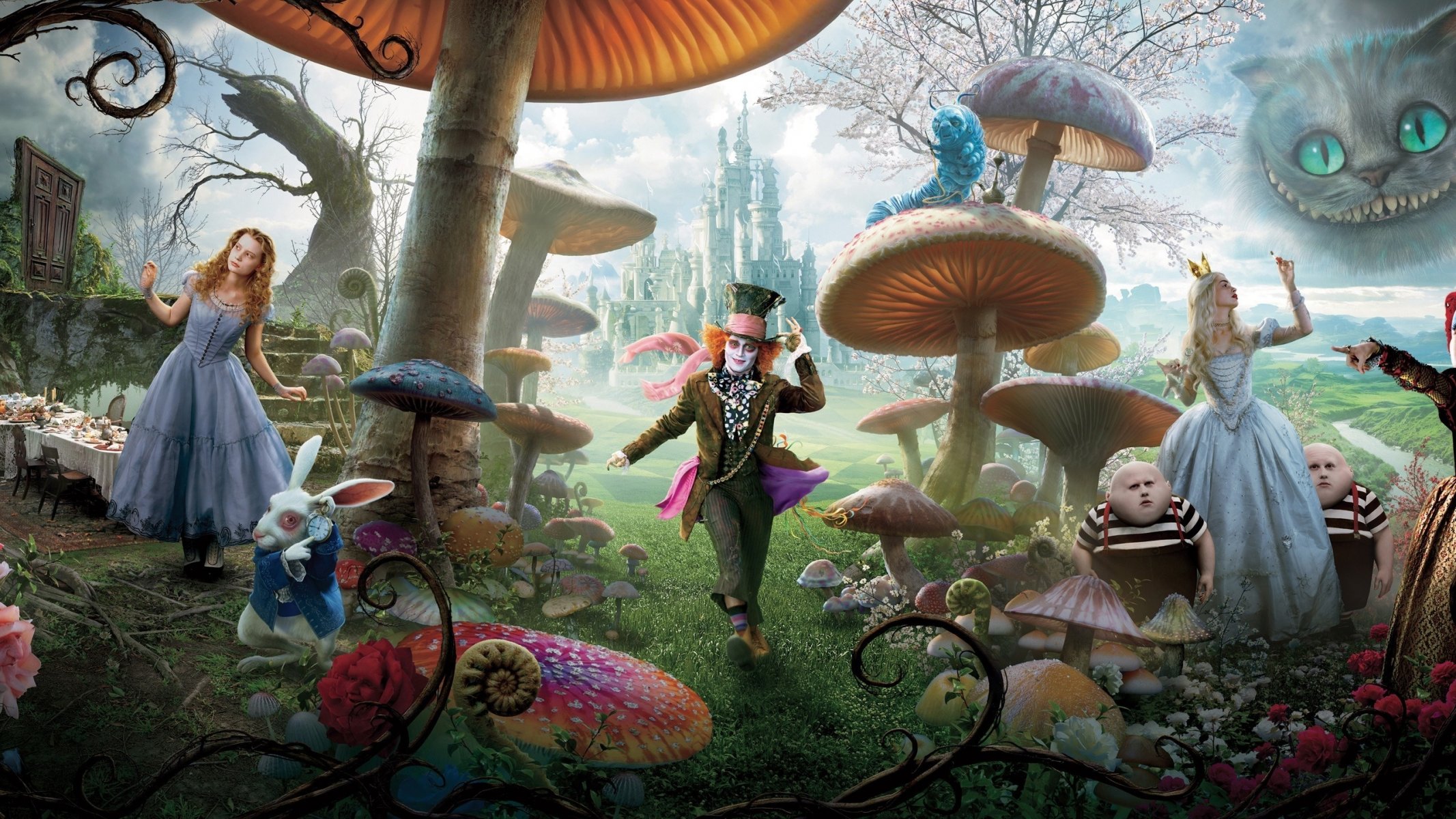 johnny depp königin joni depp alice im wunderland große pilze clown pilze hase schloss krone gras fantasie zeichnungen anime