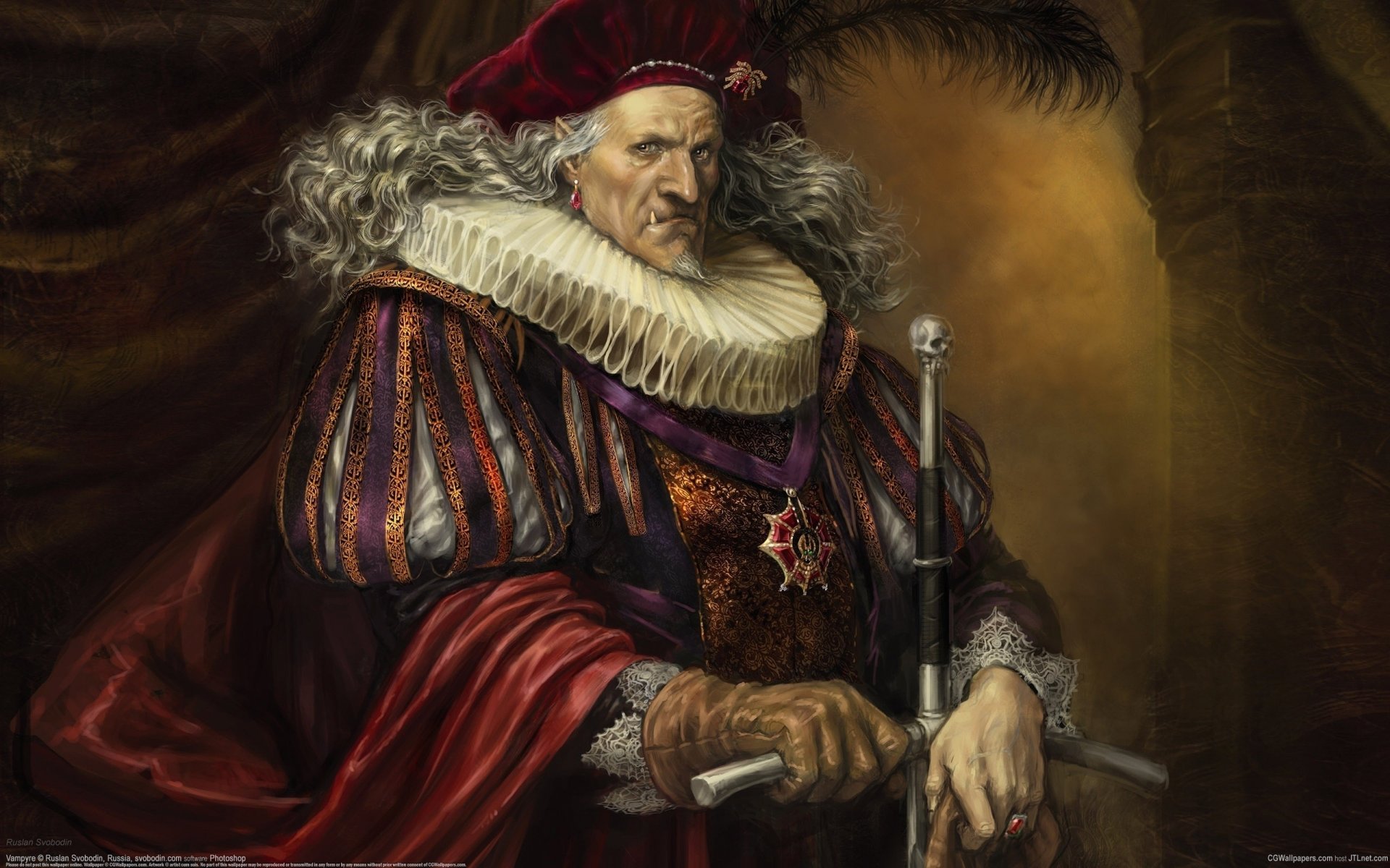 a vampire with a sword portrait the old man look old costume curls long hair order threatening look headdress eyes face picture