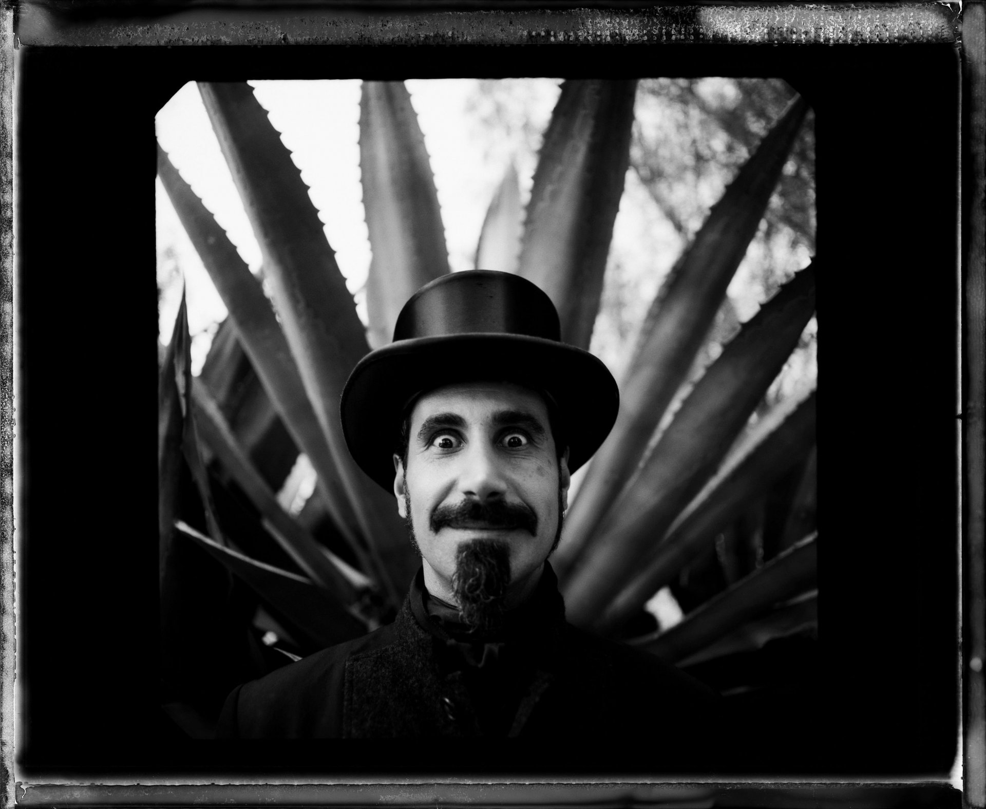 musician fan cactus portrait look hat mustache surprise grimace eyes face black and white