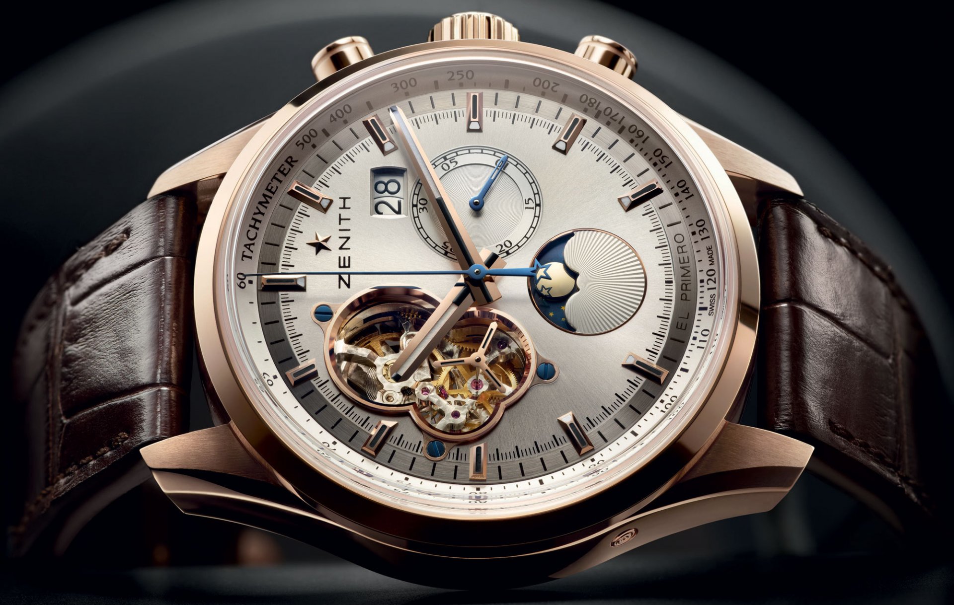 horloge anti-aérienne el primero chronomaster pilote ouvert grand date lune sunphase rose or