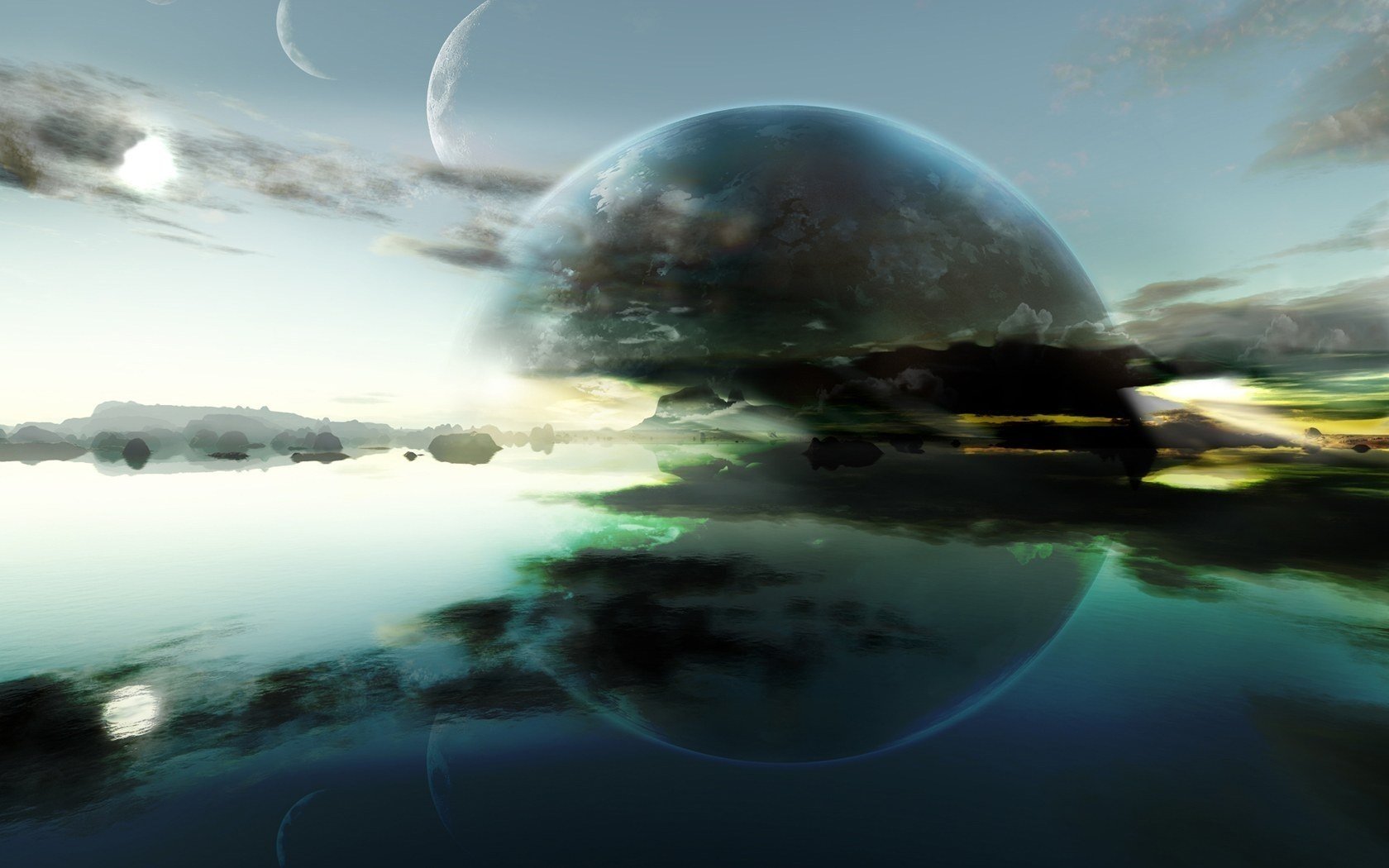 water mirror planet clouds the sky reflection