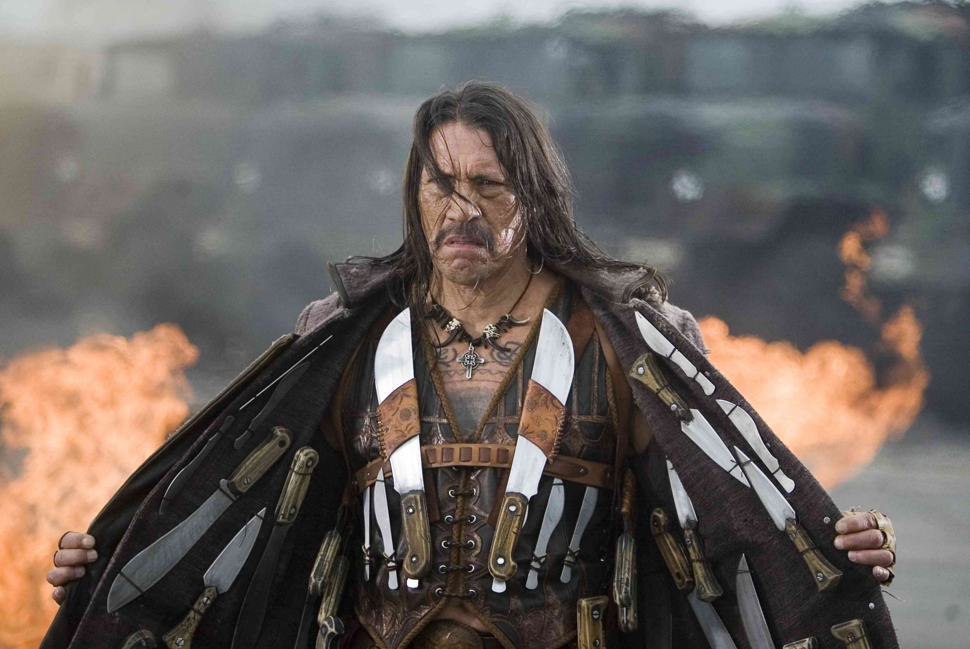 danny trejo edged weapons knives actors look mustache long hair movie frame movies face tattoo