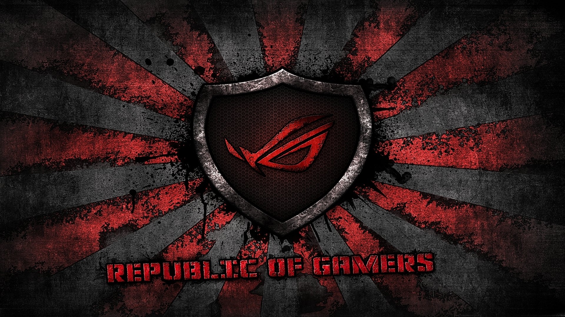 asus logo rog asus gamer republika graczy promienie słoneczne marka czerwony szary tło