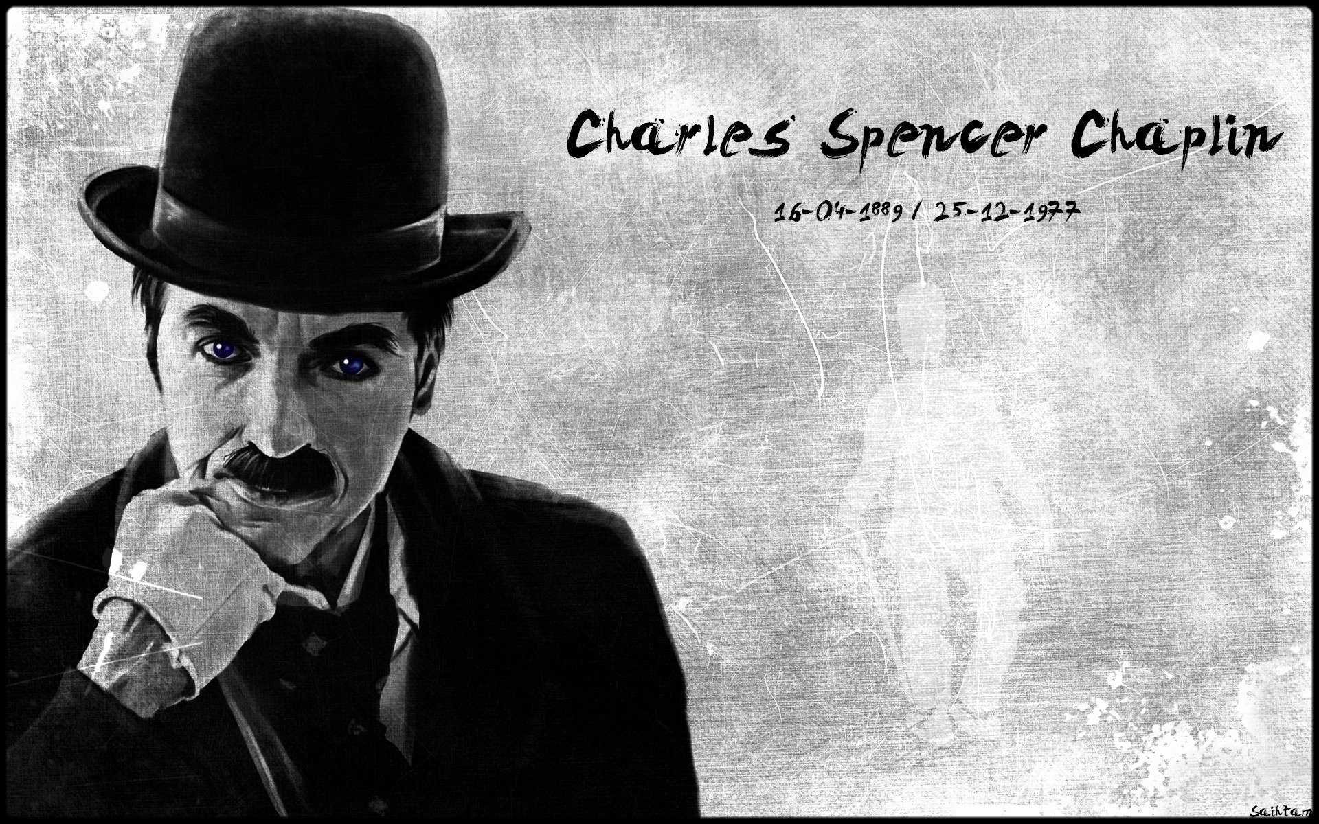 umorista mimo charlie chaplin ritratto attori cinematografici vista cappello vecchio baffi sfondo grigio guanto occhi faccia film film bianco e nero