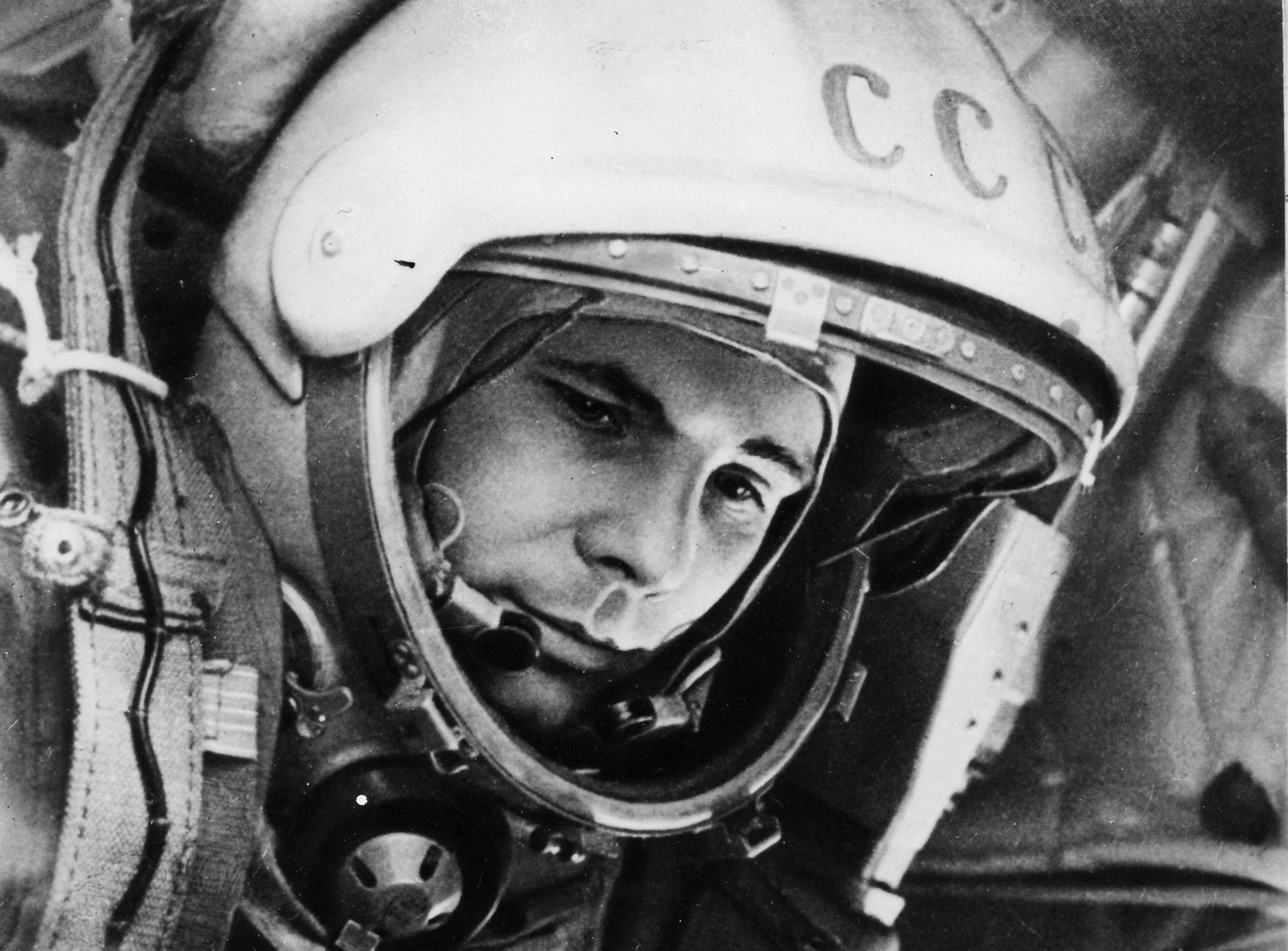 yuri gagarin ussr astronaut portrait look eyes face black and white