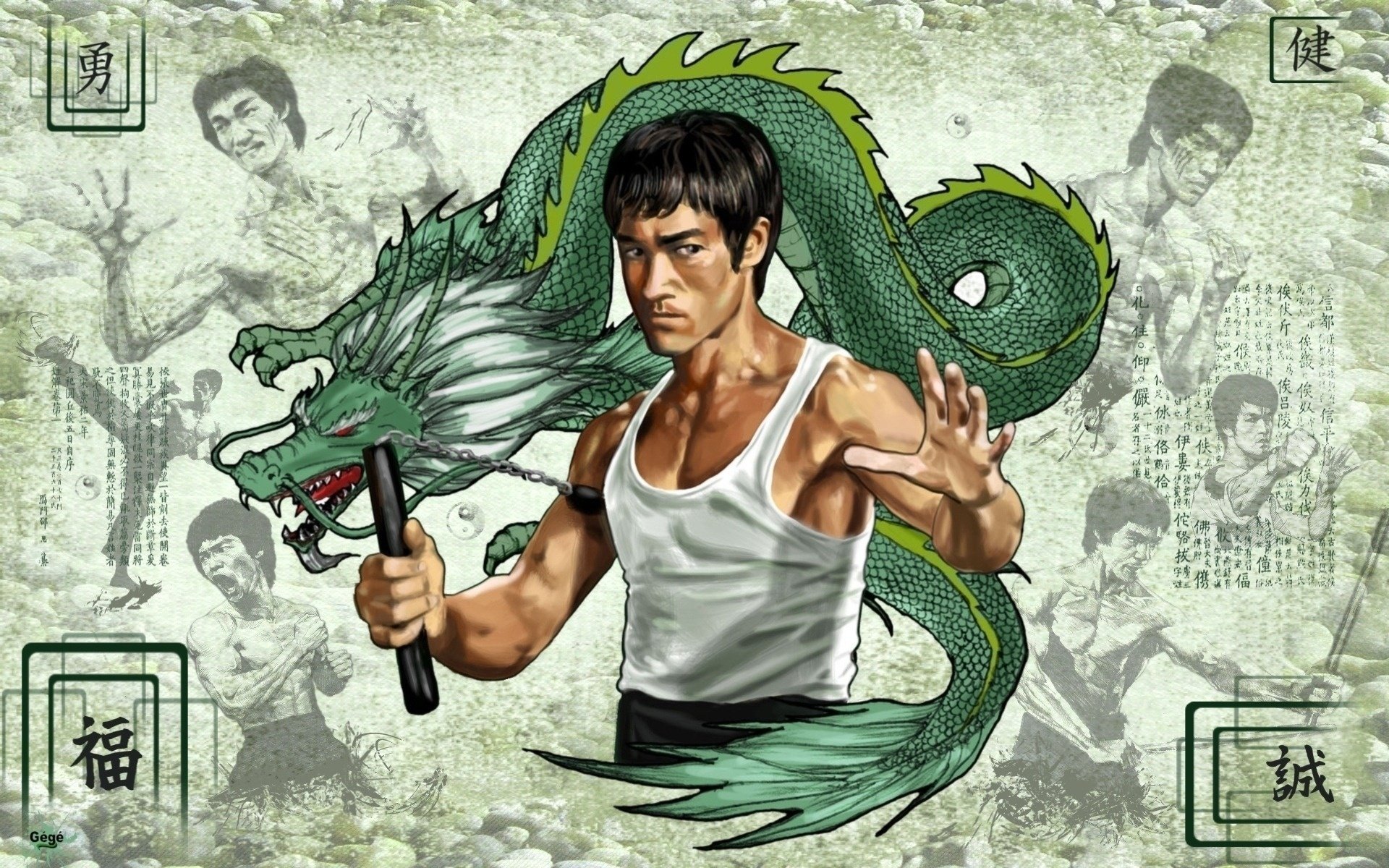 dragon vert unchaki arts martiaux orientaux bruce lee regard acteurs de cinéma combats hiéroglyphes débardeur force lutte yeux visage