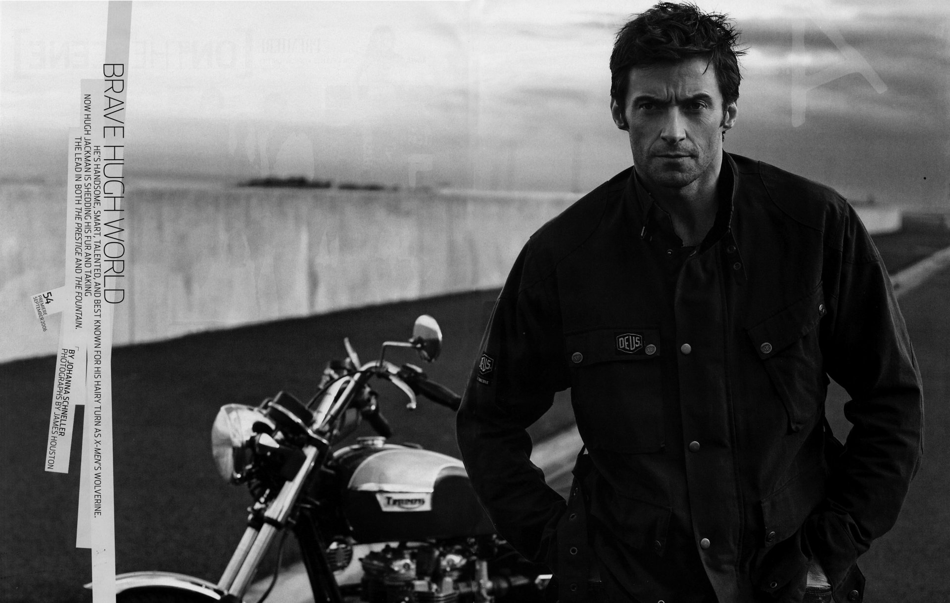 veste élégante hugh jackman moto minet b-b acteur célébrité étoile moto visage noir et blanc