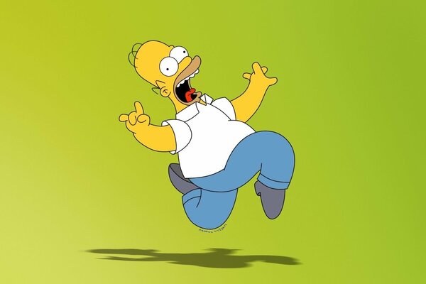 Homer Simpson jumps on a green background