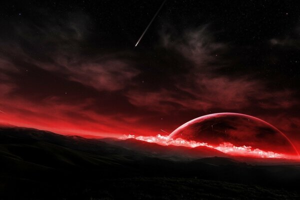 Горизонт красного заката в космическом пространстве