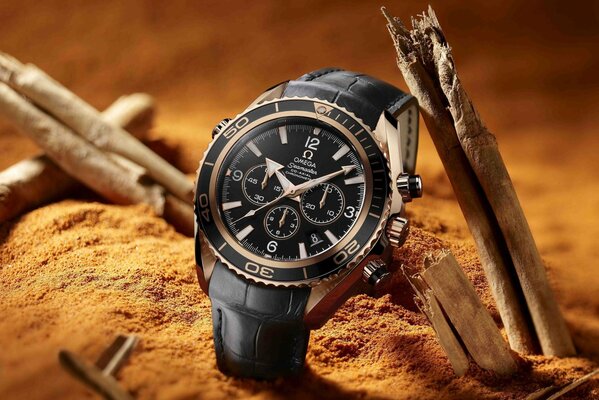 Watch with chronometer on the sand with a tree