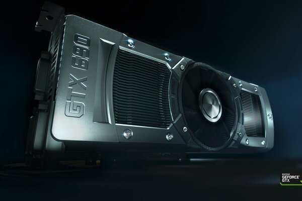 Geforce gtx 690 graphics card on a dark blue background