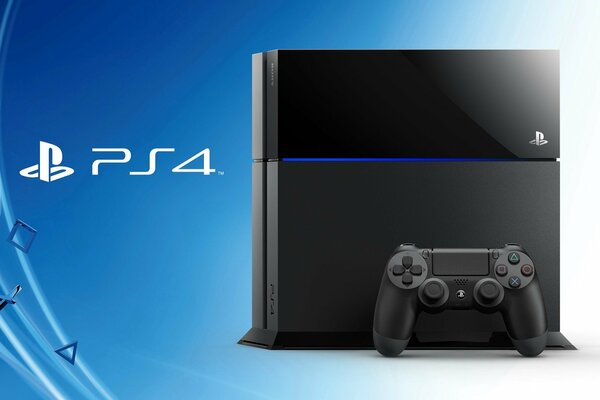 Consola playstation 4 con gamepad sobre fondo azul