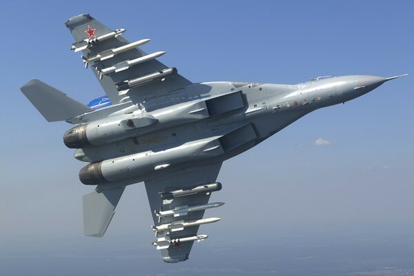 Mig-35 aircraft on a flying sky background