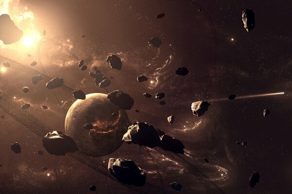 A planet with asteroids in outer space