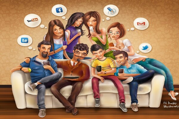 Family gathered watching social networks