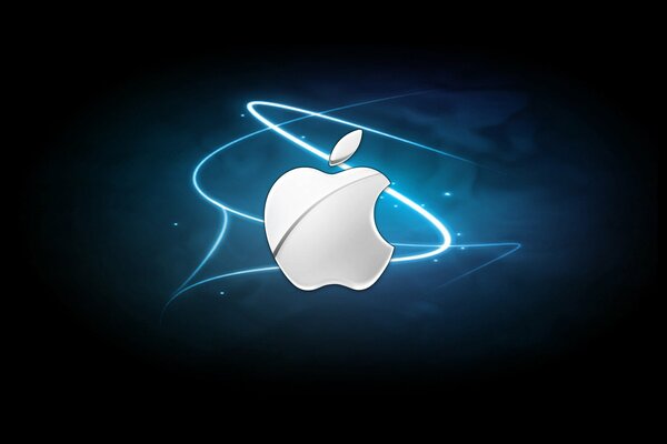 Logo Apple z niebieskimi paskami na tle