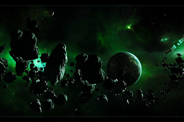 Wszechświat galaktyka z kosmicznymi kamieniami na czarnym i zielonym tle
