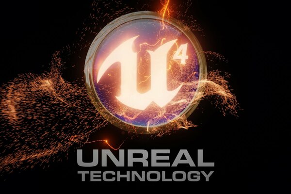 Emblème avec l inscription unreal engine 4 sur fond de flamme