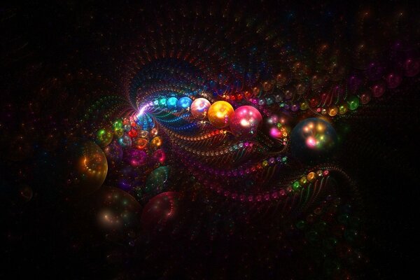 Abstraction sous la forme de boules brillantes, perles colorées sur fond noir