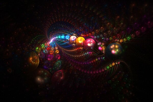 Абстракция в виде блестящих шаров, цветных бусин на черном фоне