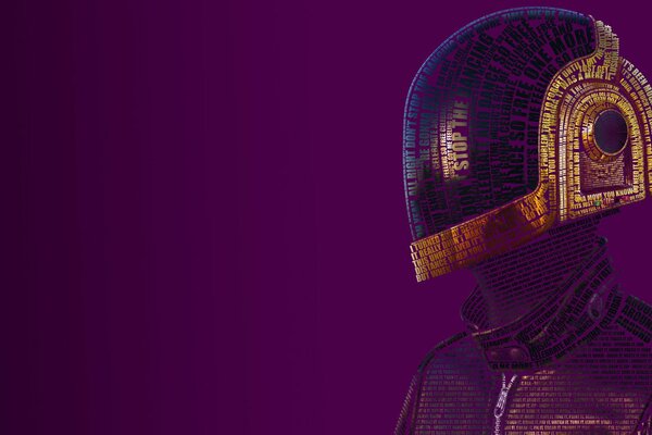 Uomo di lettere con casco in stile minimalista su sfondo viola