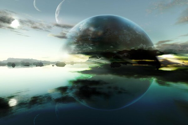 Réflexion de la planète avec des nuages dans l eau