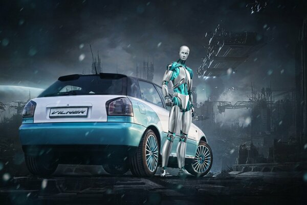 Tuning Audi A3 vista posteriore. Cerchi fantastici. Robot nelle vicinanze