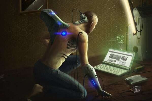 Cyborg synchronizuje dane z laptopem