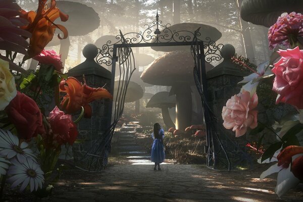 Alice in Wonderland on the background of gates and roses with faces