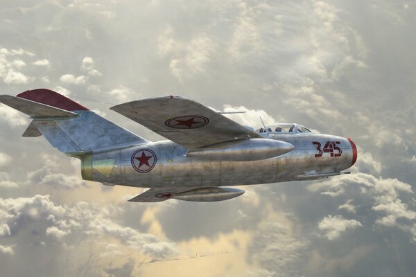 A Soviet fighter jet is flying in the clouds