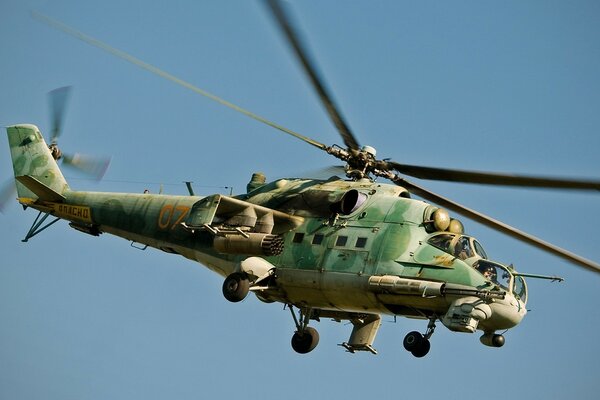Russian Mi-24 helicopter flies in the sky